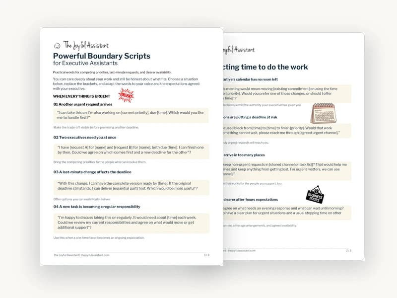 12 Powerful Boundary Scripts for Executive Assistants - Actual 3-Page Editorial Guide Spread